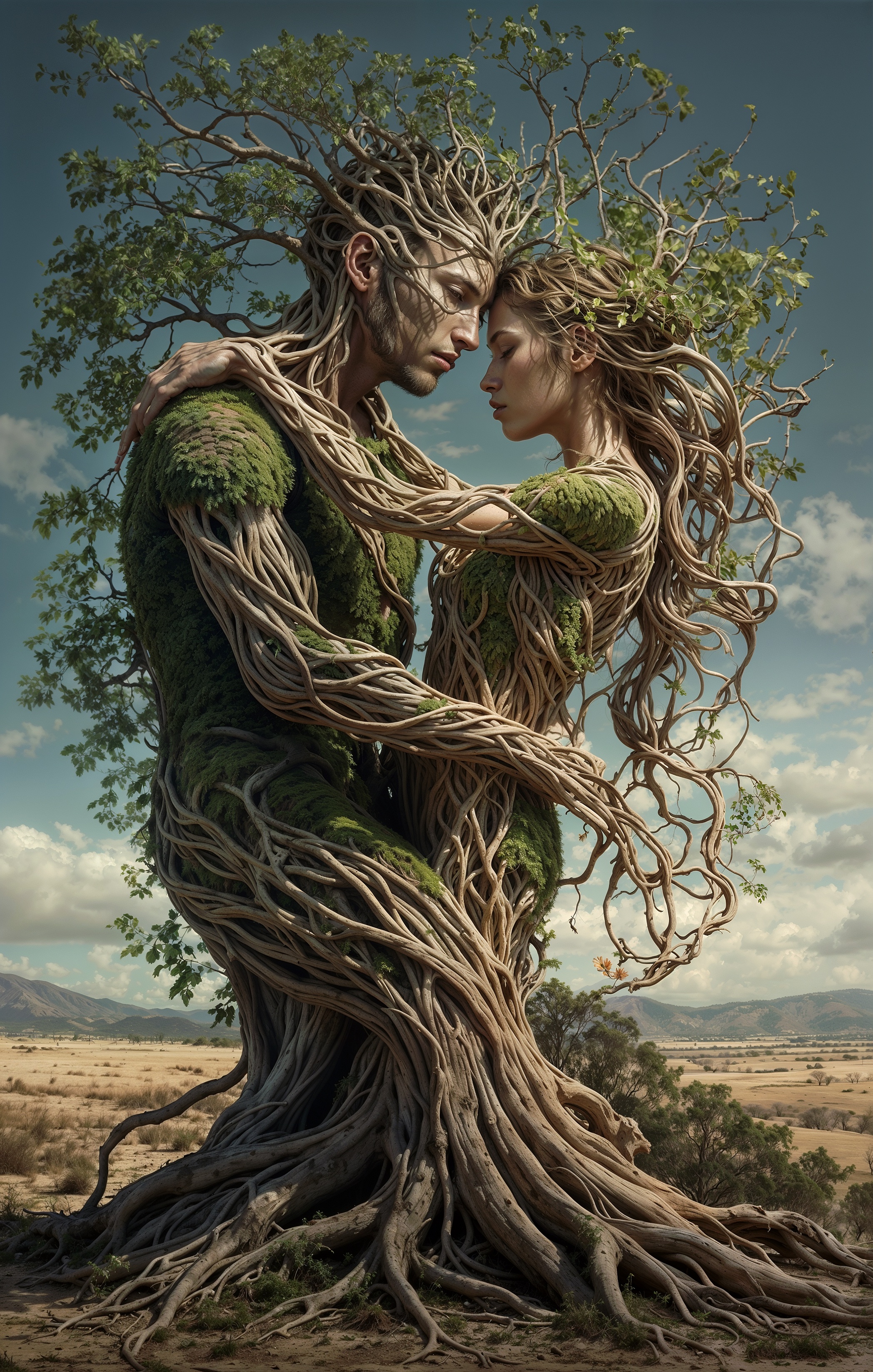 SD XL prompt: A captivating surreal artwork featuring a mesmerizing fusion of human and nature...
