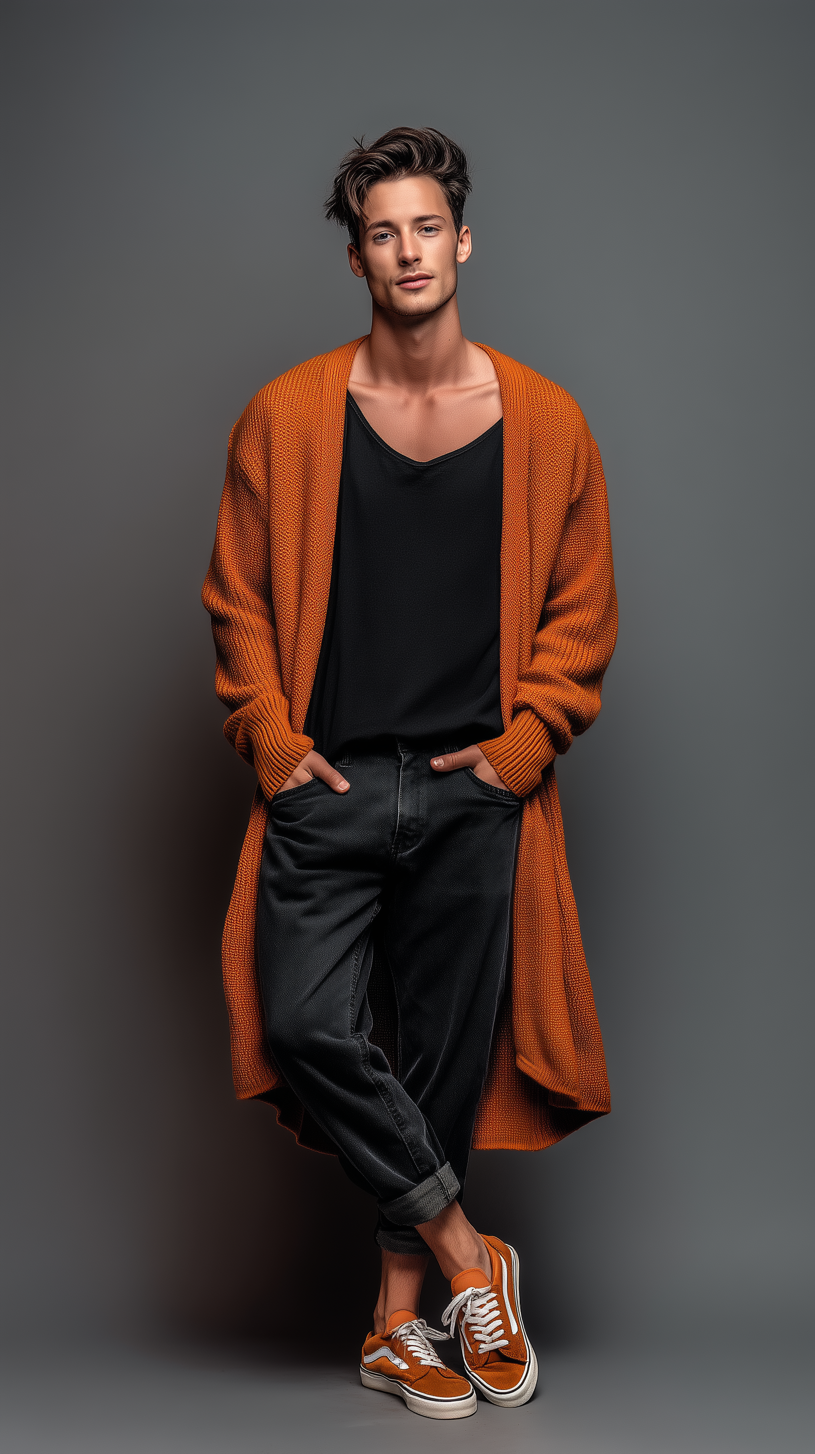 Midjourney prompt: photography, full-length, professional young male model, faint smile, standing i...