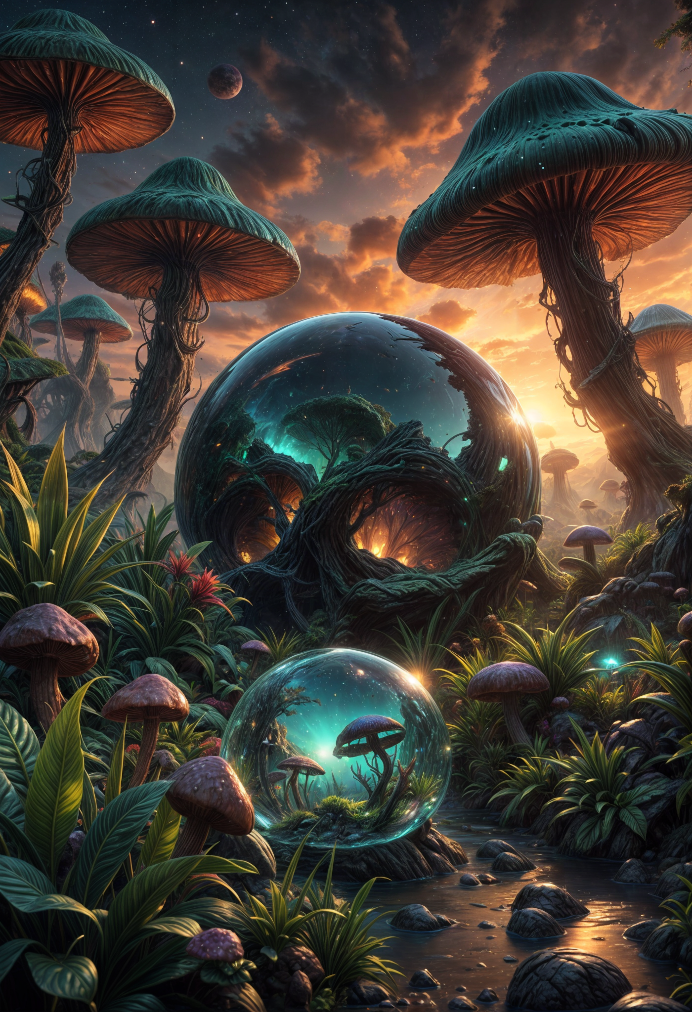 Stable Diffusion prompt: Fantasy landscape, dynamic lights, glowing emerald, nebulas, sunset,,8k photorea...