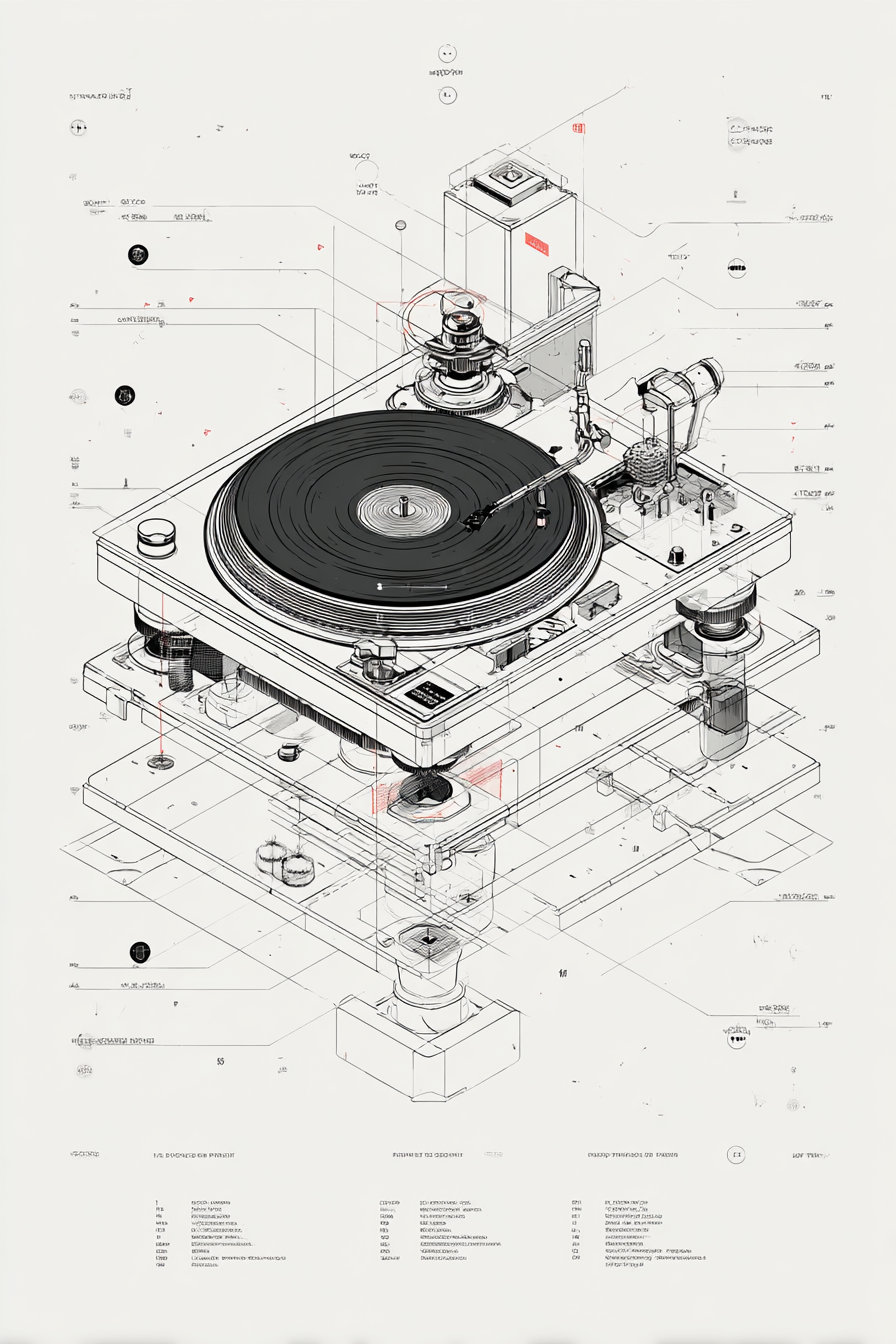 Midjourney prompt: technical isometric exploded-view diagram of vinyl turntable, consistent linewei...