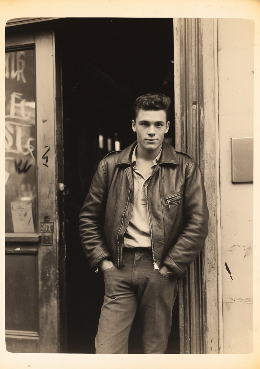 Midjourney prompt: vintage photo of a young handsome man in jeans and a leather jacket with black b...