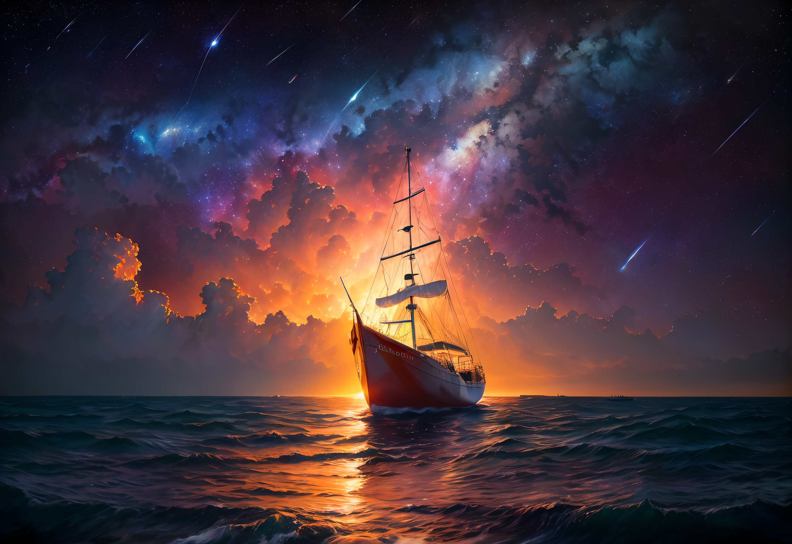 DreamShaper prompt: style-nebmagic, a (sailboat:1.1) at the edge of the world watchin stars fall dow...