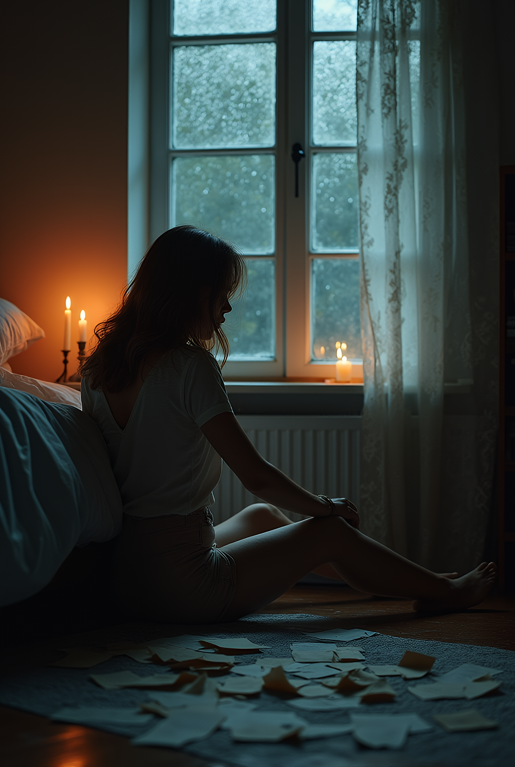 FLUX prompt: very melancholic picture of a sad very pretty woman,looking outside from her roo...