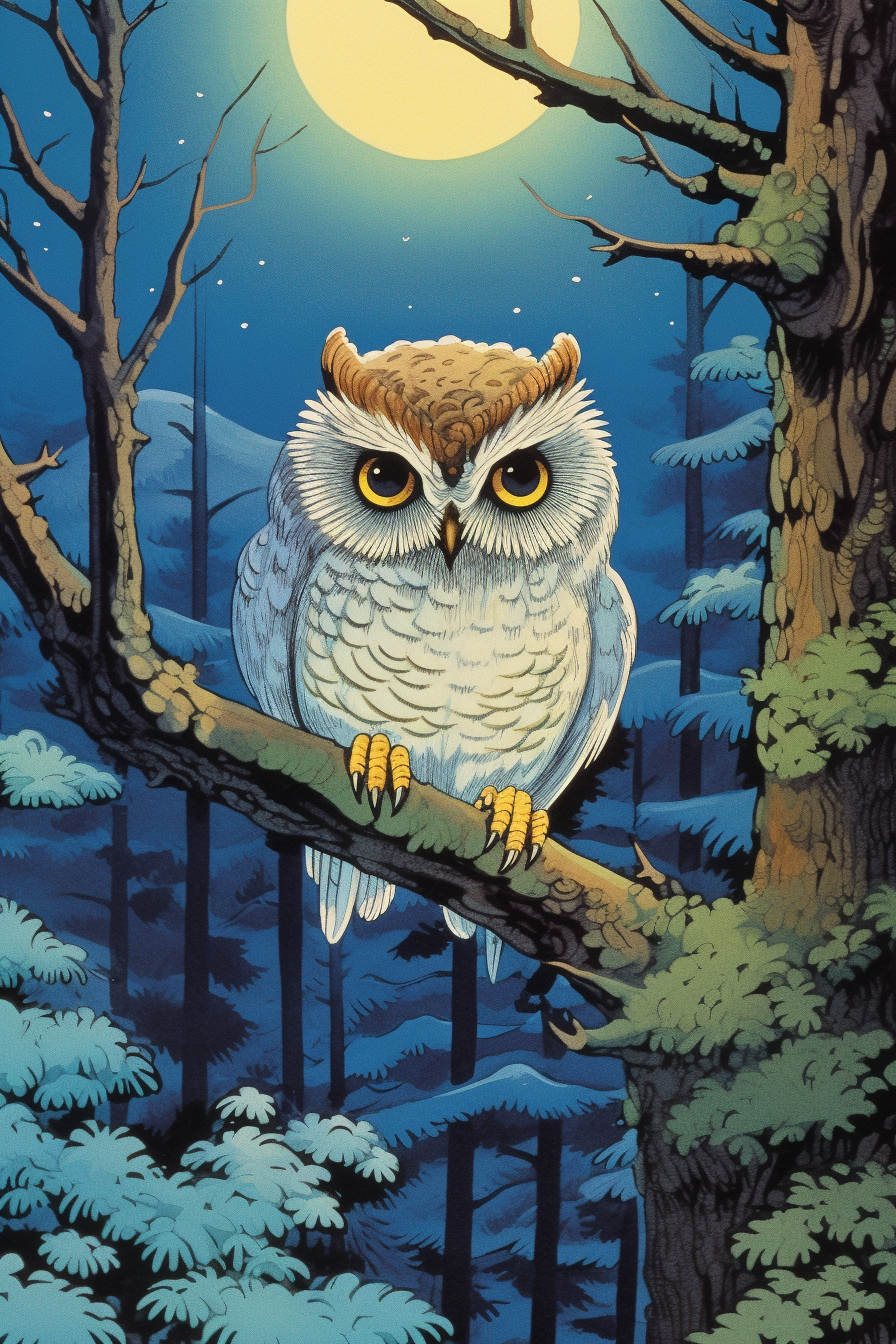 Midjourney prompt: Tranquil, wise owl, painting a serene artwork, with wise eyes and a calm demeano...