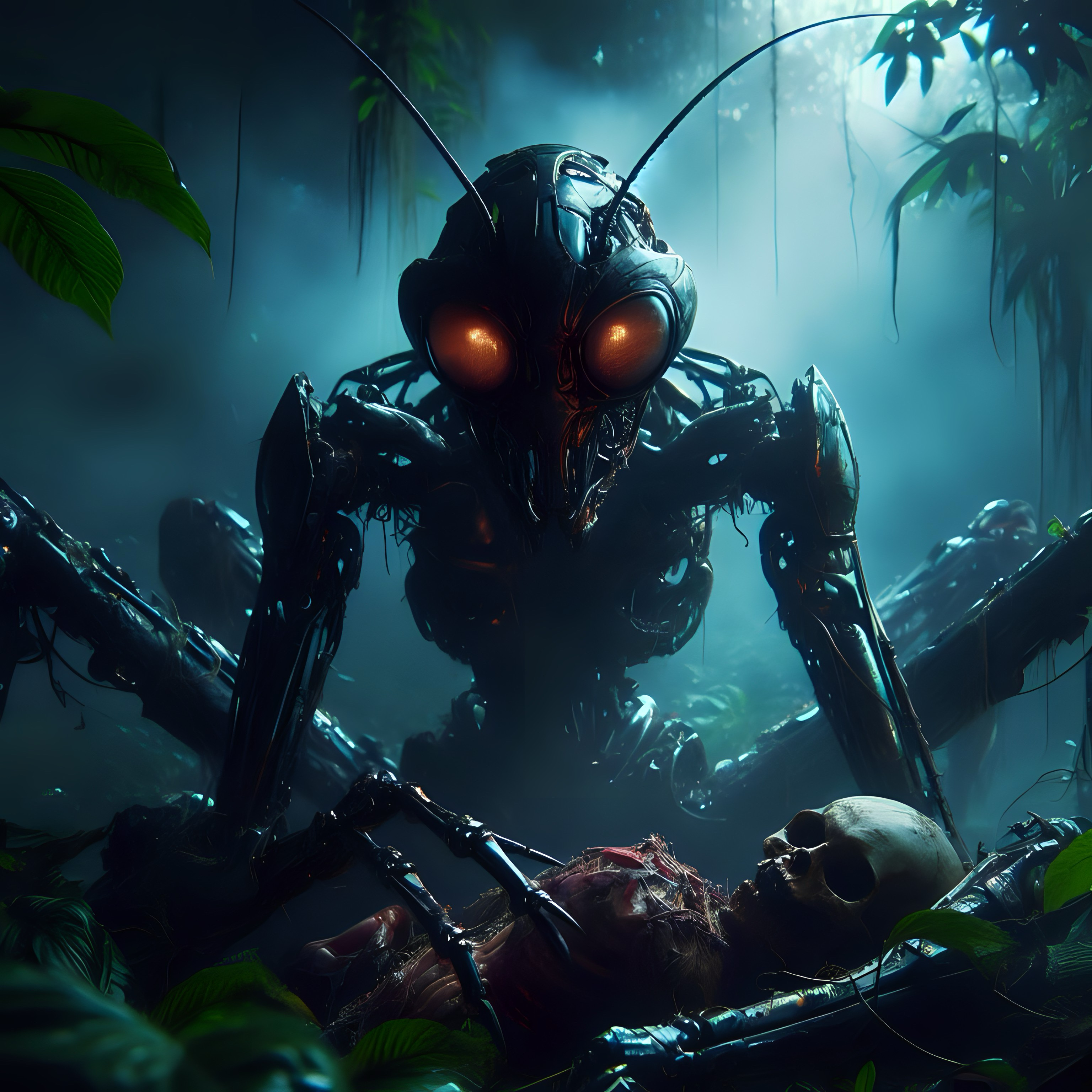 DALL·E prompt: une photo d'une mante cyborg dans une jungle avec autour d'elle des restes de co...