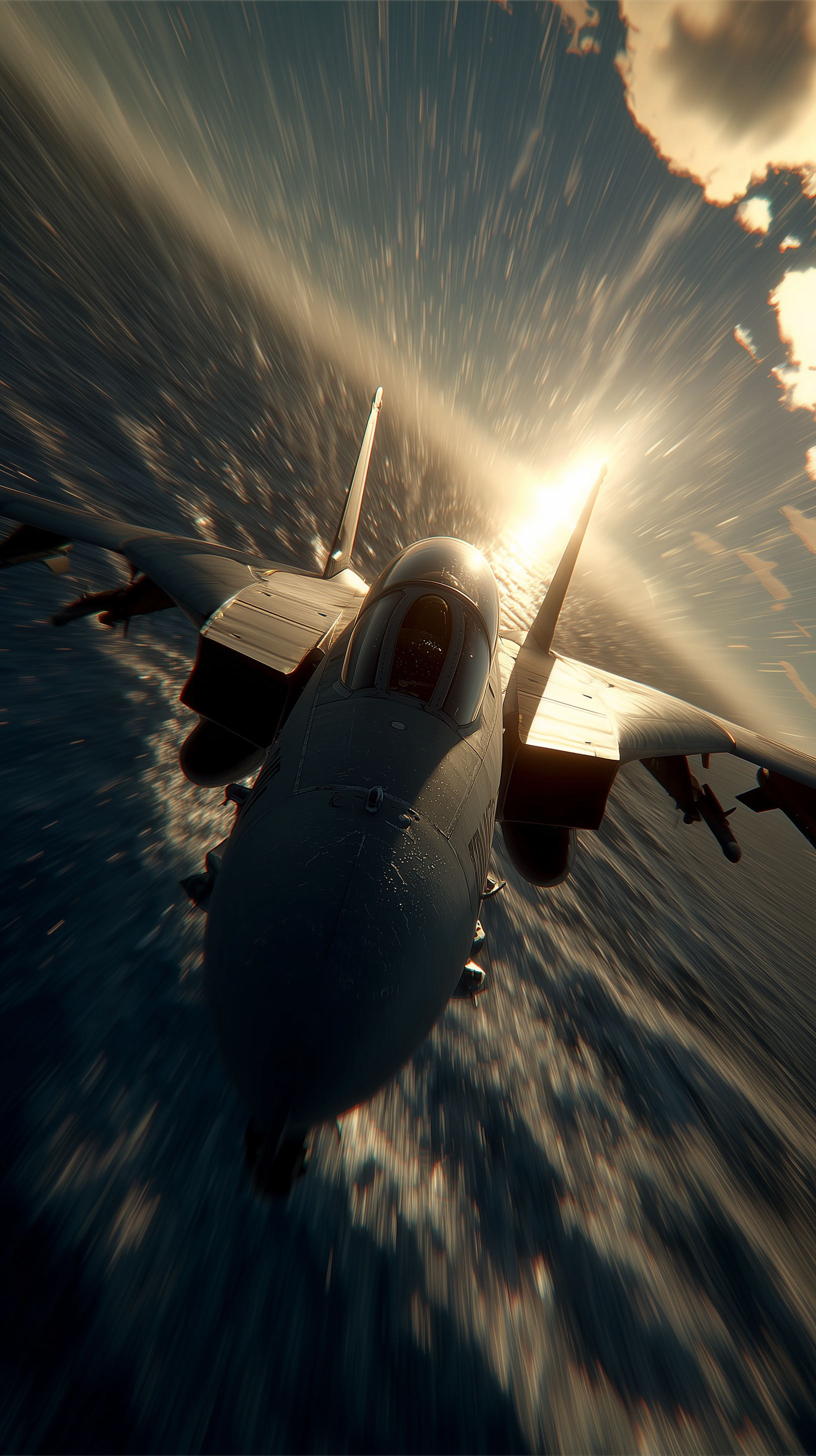 Midjourney prompt: photorealistic, front shot, F-14, central dynamic composition, scene of flying o...