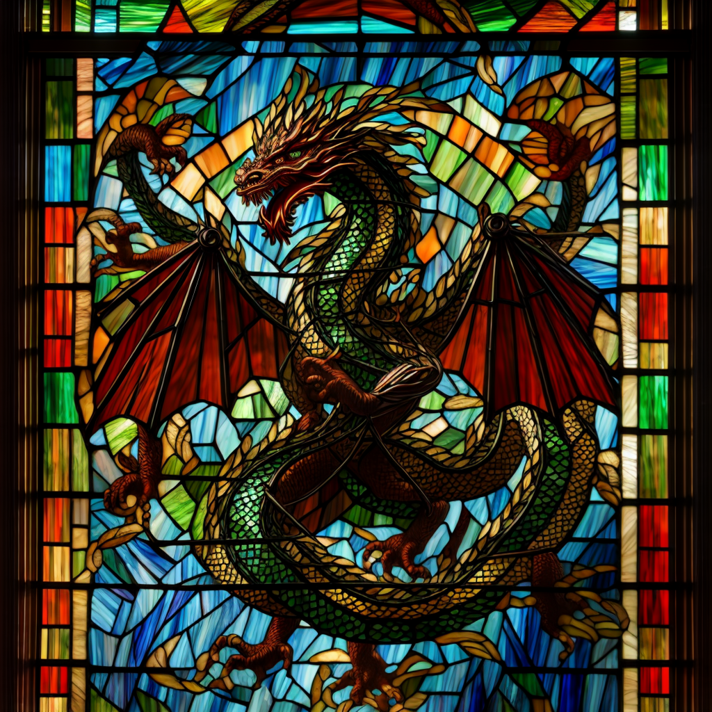 Deliberate prompt: a vibrant stained glass art piece of one Chinese dragon, Rays of sunlight shine ...