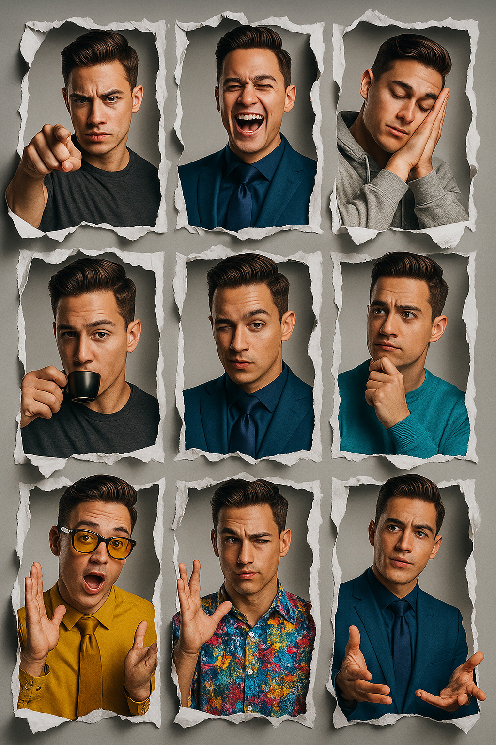 ChatGPT Image prompt: Generate a hyper-realistic, 9:16 studio-style collage featuring an adult man (fa...