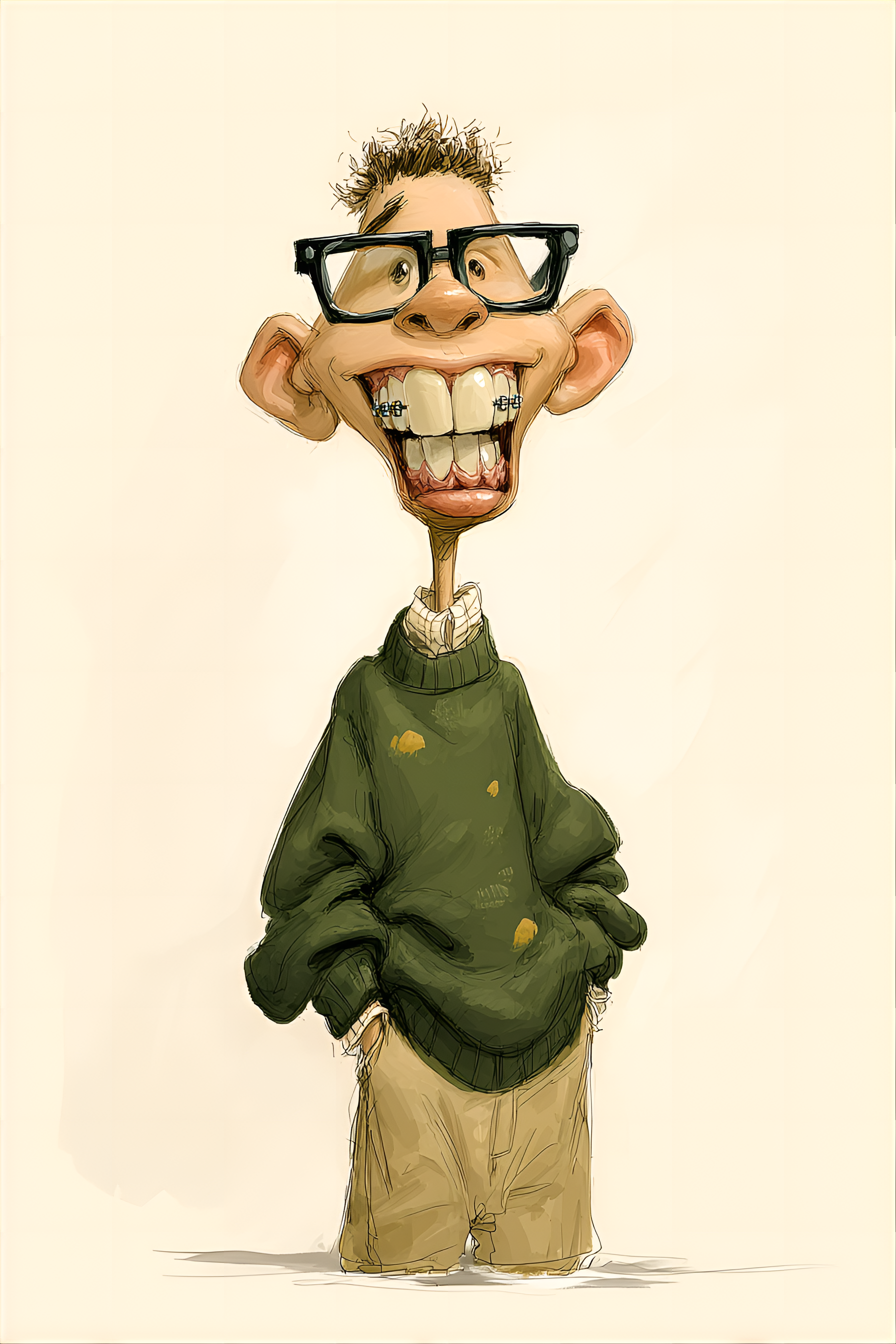 Midjourney prompt: funny caricature, nerdy cartoon creature, male, 15 years old, buck-toothed, besp...