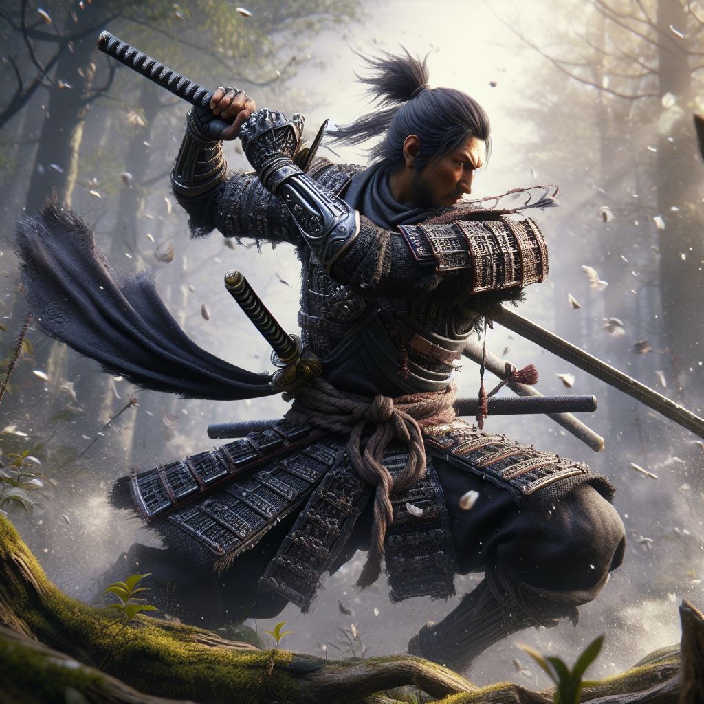 DALL·E prompt: an extraordinary 3D scene featuring Isshin Ashina from Sekiro: Shadows Die Twice...