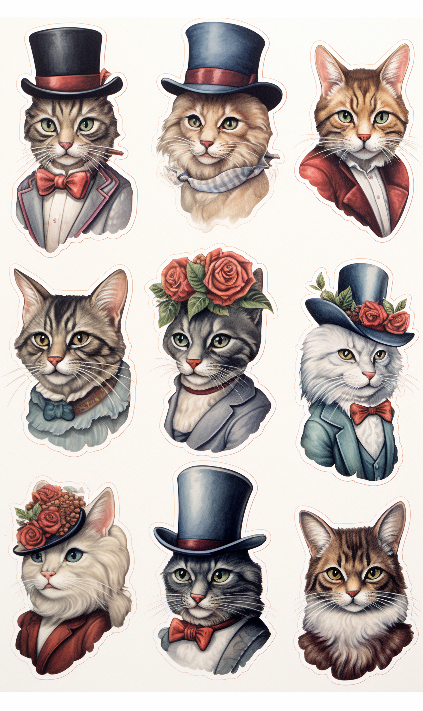 Midjourney prompt: sticker sheet of various Victorian era cats wearing hats, in the style of white ...