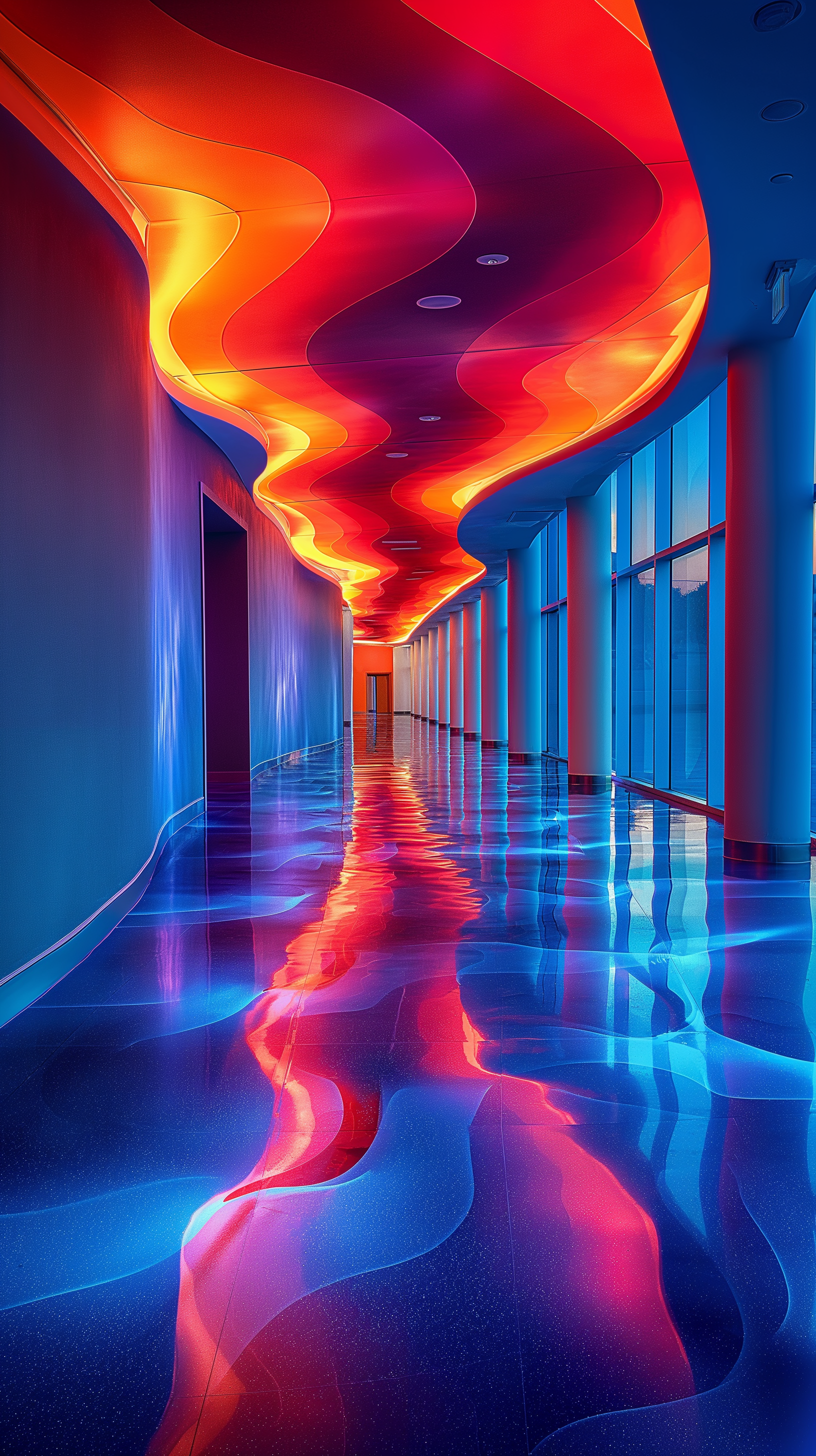 Midjourney prompt: vibrant and futuristic lobby area with dynamic lighting and bold architectural l...
