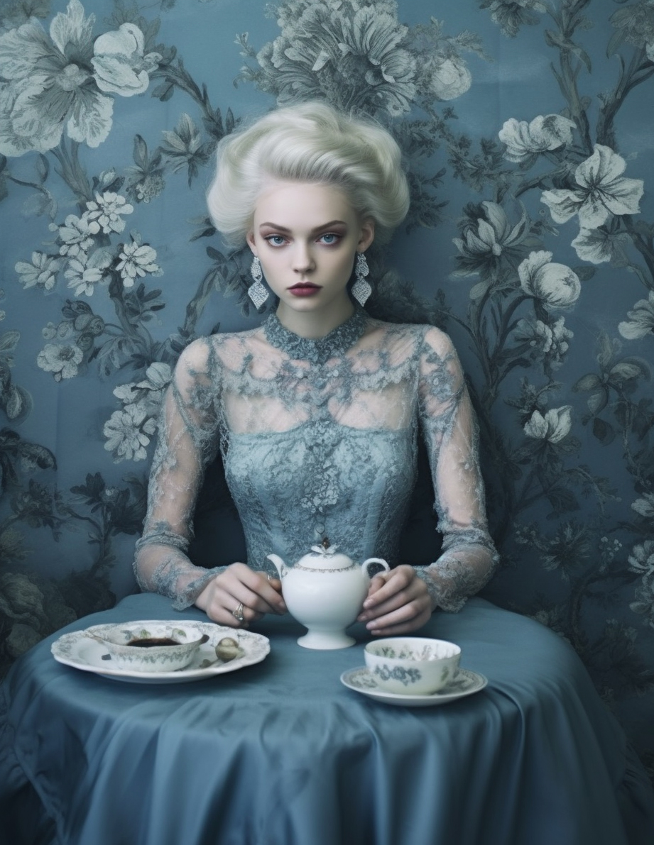 Midjourney prompt: a woman sitting at a table , by Valerie Petts, tumblr, intricate fantasy dress, ...