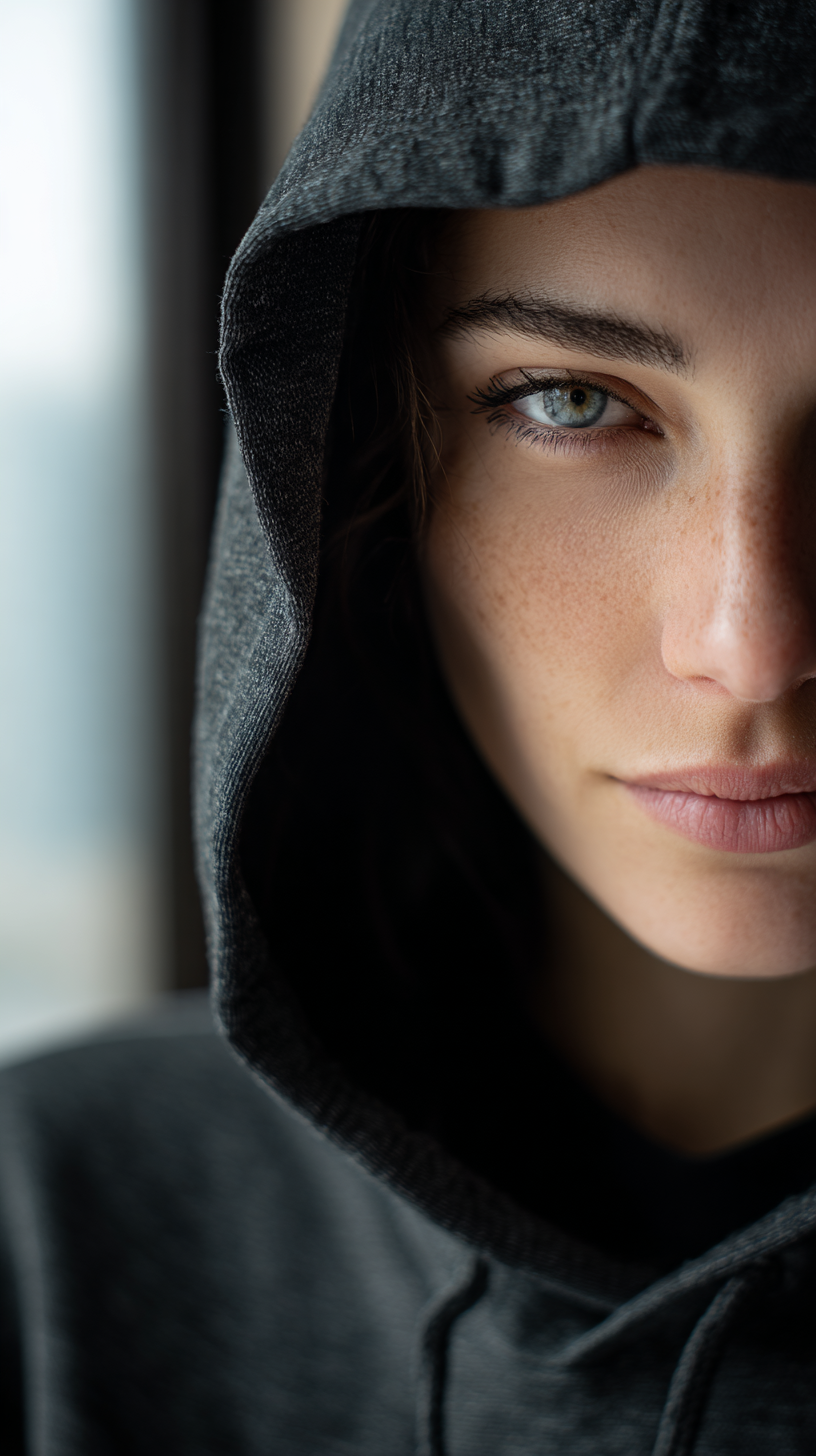 Midjourney prompt: candid, intimate portrait of a person with a strong, confident gaze, wearing a s...