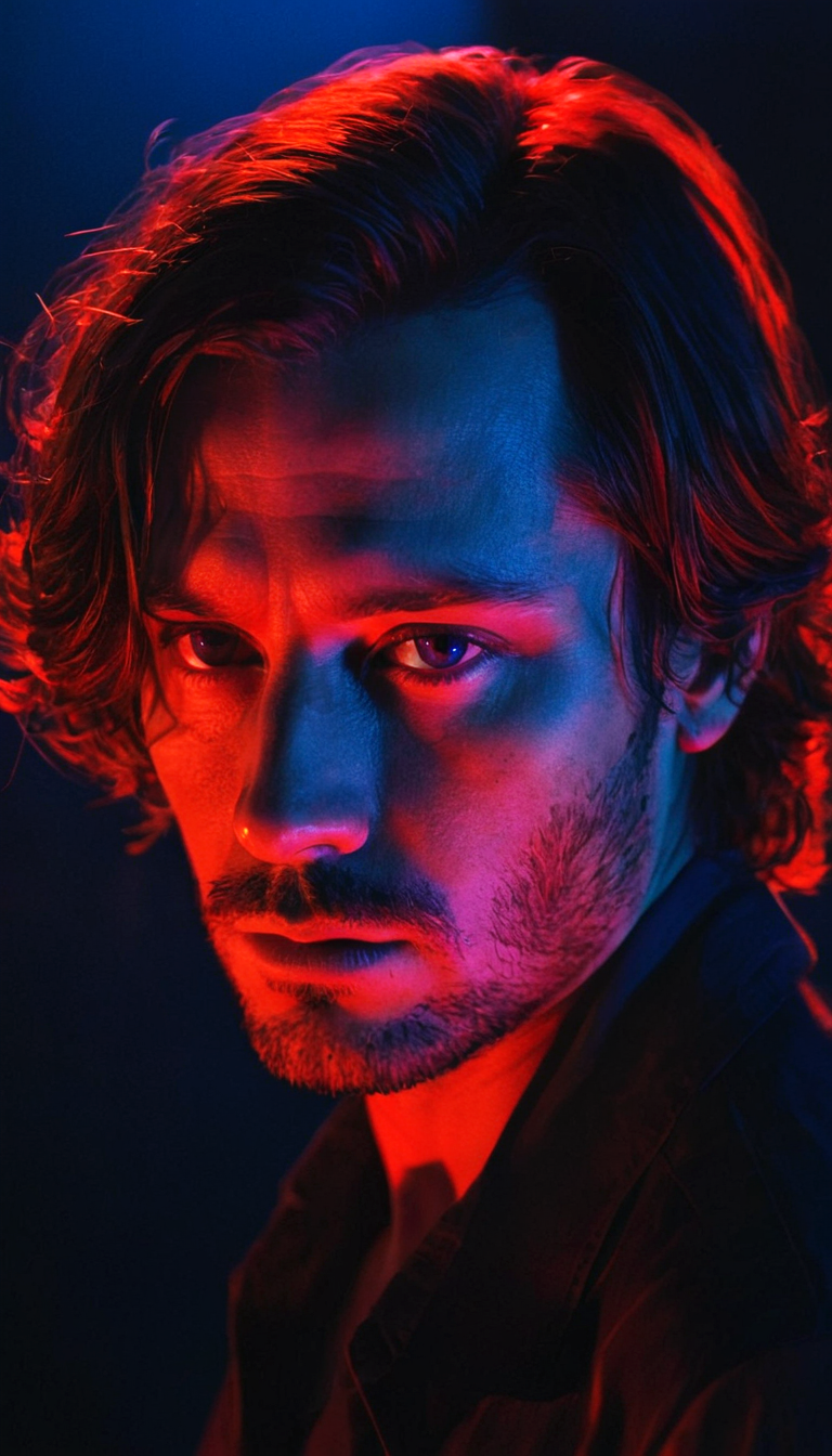 Stable Diffusion prompt: fashion editorial, a portrait of young man is studio red and blue lights in styl...