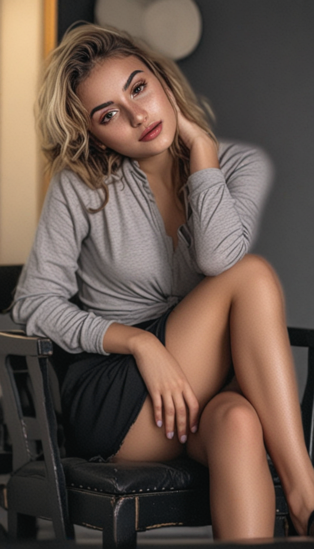 Juggernaut XL prompt: A young woman sits on a chair, leaning forward slightly. She wears a light grey ...