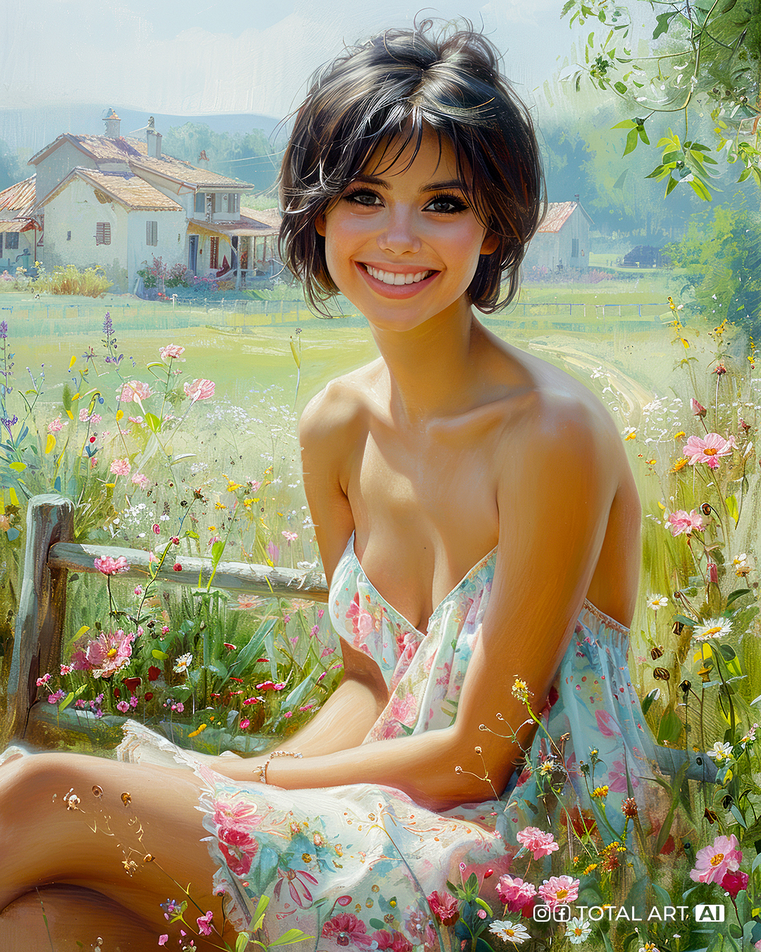 Midjourney prompt: Realistic oil painting of a full body shot of a smiling young beautiful European...