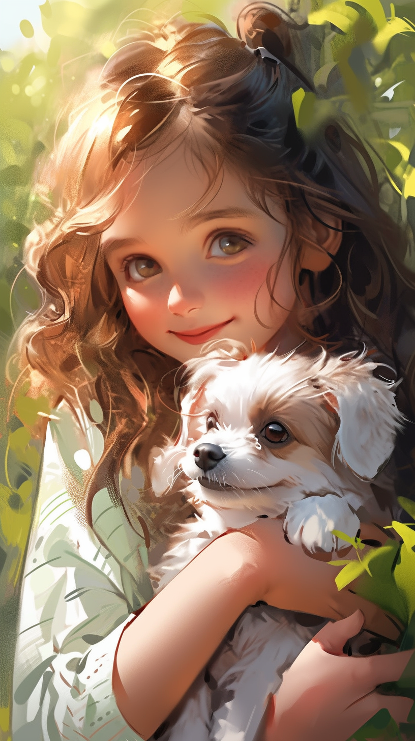 Midjourney prompt: A picture of a young girl holding a small puppy, inspired by Emma Watson, enchan...