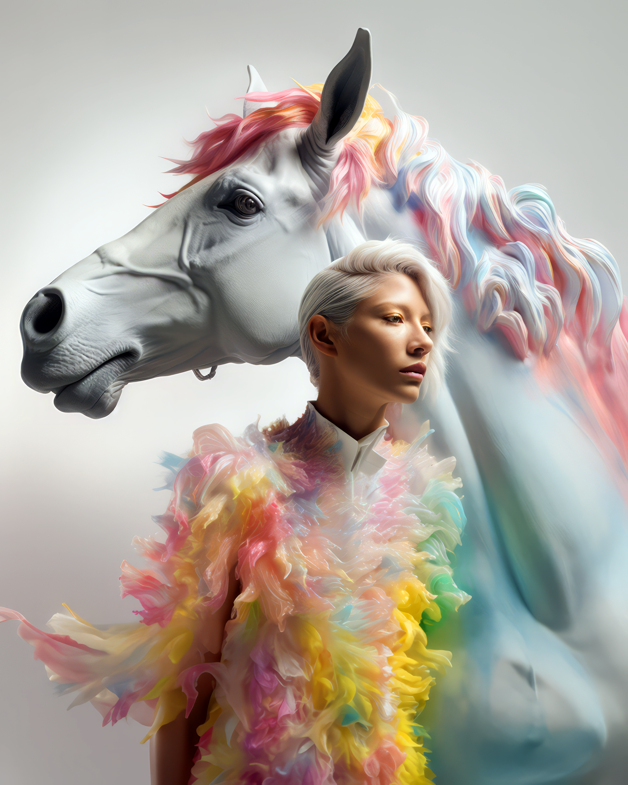 Midjourney prompt: a woman on her unicorn has painted it with colorful colors, in the style of petr...