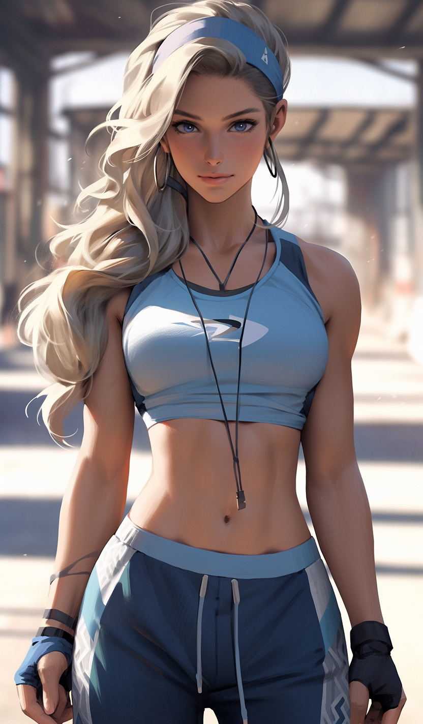 Midjourney prompt: a beautiful fitness girl stands and shows her perfect_figure