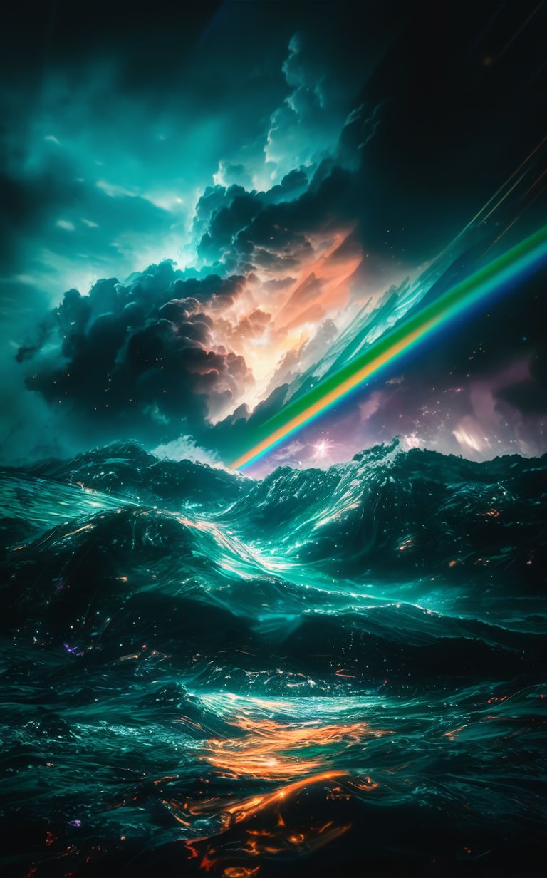 Stable Diffusion prompt: stormy sea , rainbow particles , rays of starlight , realistic , beautiful clari...
