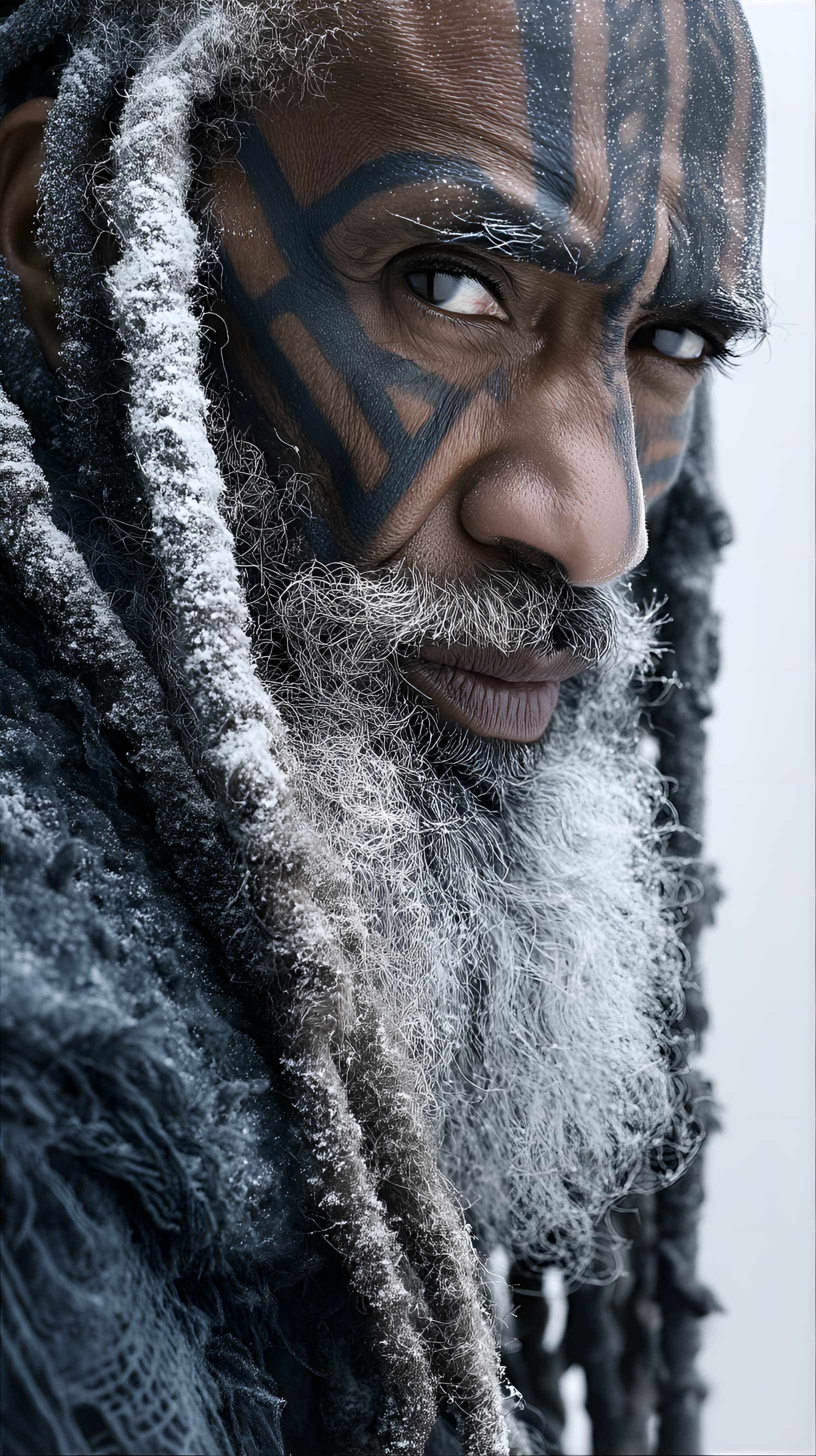 Midjourney prompt: Mature Black man, 50s-60s, with intricately patterned dark gray/black markings o...