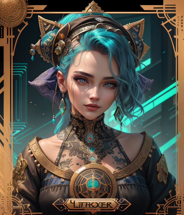 ReV Animated prompt: tarot card with intricate detailed frame around the outside, portrait of cyberpu...