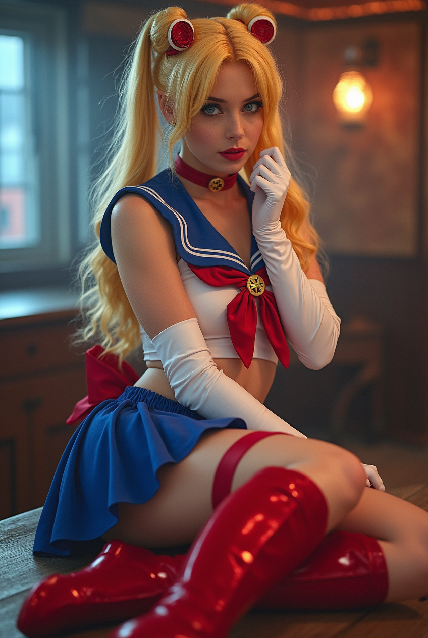 FLUX prompt: cute european woman,hot sailormoon cosplay ,posing , epic action scene,real phot...