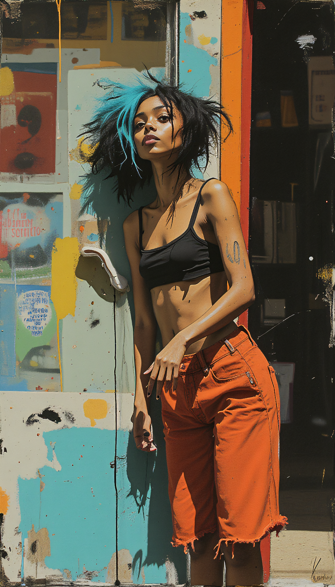 FLUX prompt: Akan-Chokwe female playful dancer 24-year-old with short spiky cerulean hair, as...