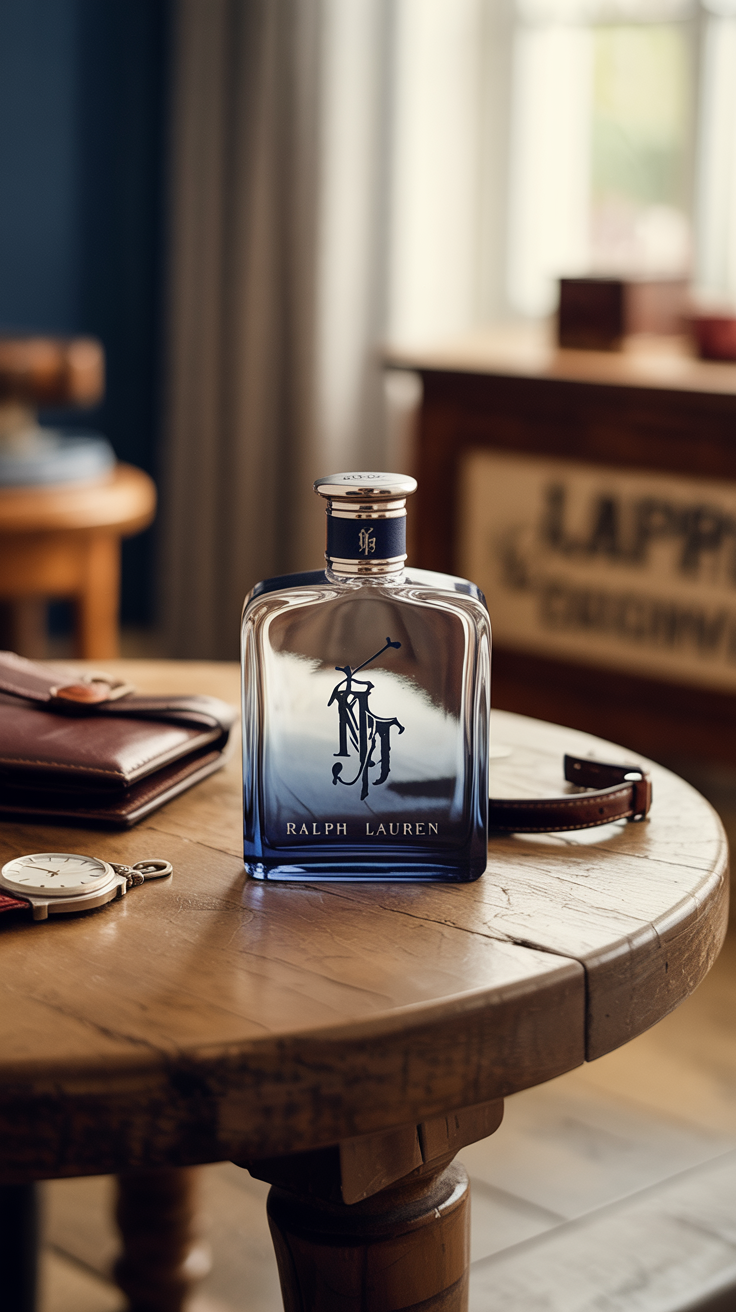 Ideogram prompt: A luxurious cologne bottle inspired by Ralph Lauren style, placed on a rustic wo...