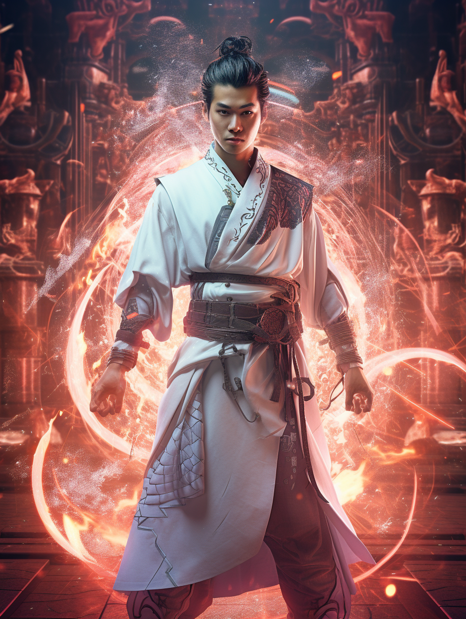 Midjourney prompt: a young man dressed in ancient chinese clothing,asian people,white robe,handsome...