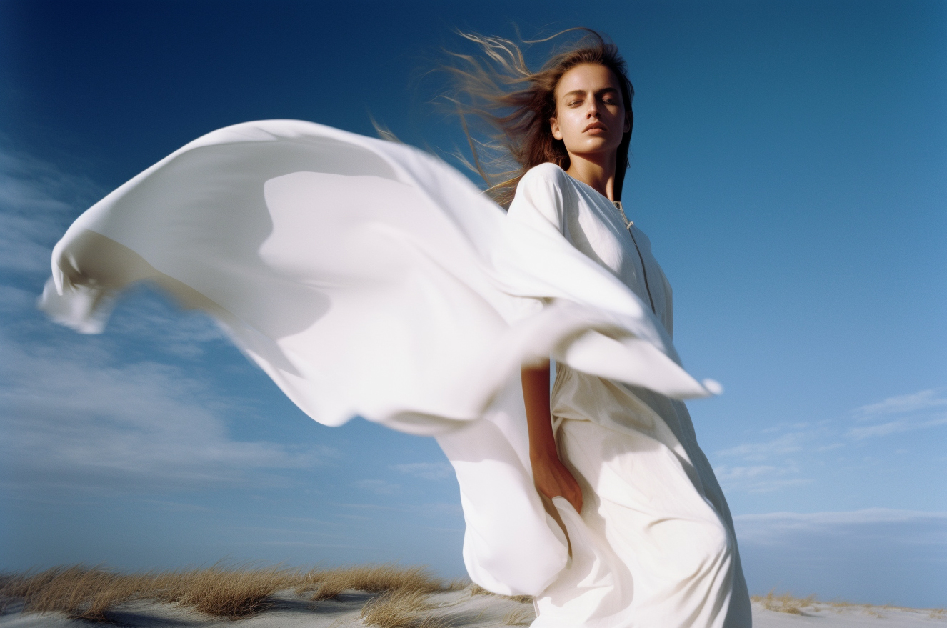 Midjourney prompt: slavic 18 years old model standing on top of a sandy beach, a portrait of issey ...