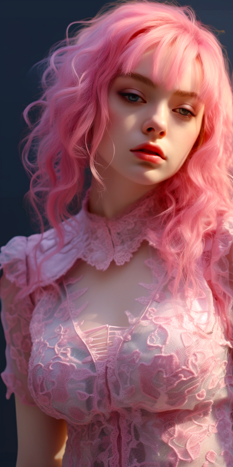 Midjourney prompt: Fashion photo of a woman wearing pink hair in a pink lace dress, in the style of...