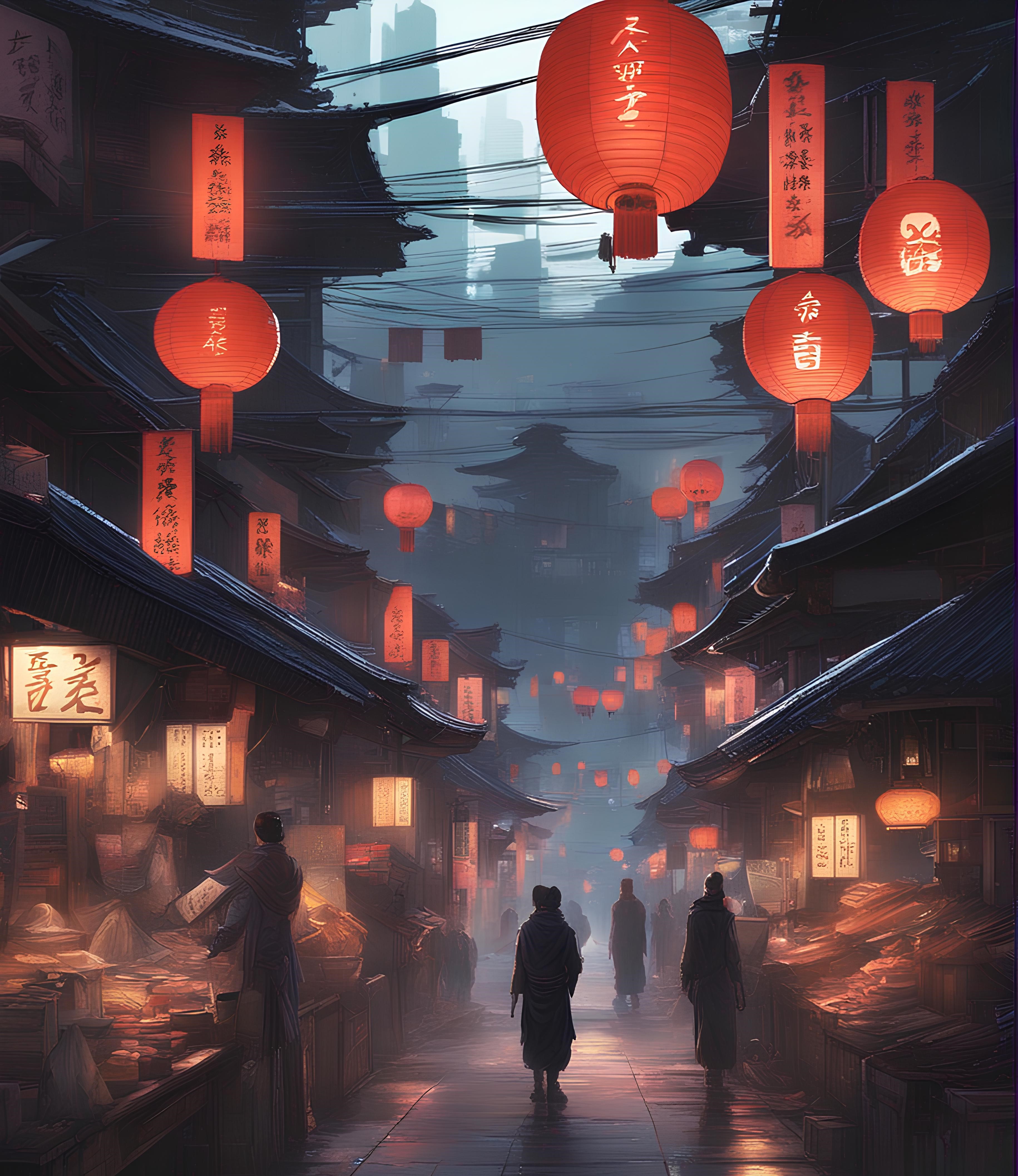 ReV Animated prompt: cyberpunk art, by Patrick Ching, old japanese street market, glowing owl, no fac...