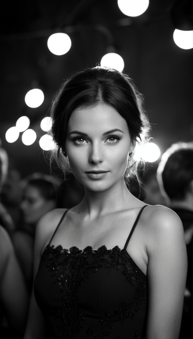 Stable Diffusion prompt: black and white photography, fashion editorial, a blackhaired beautiful woman in...