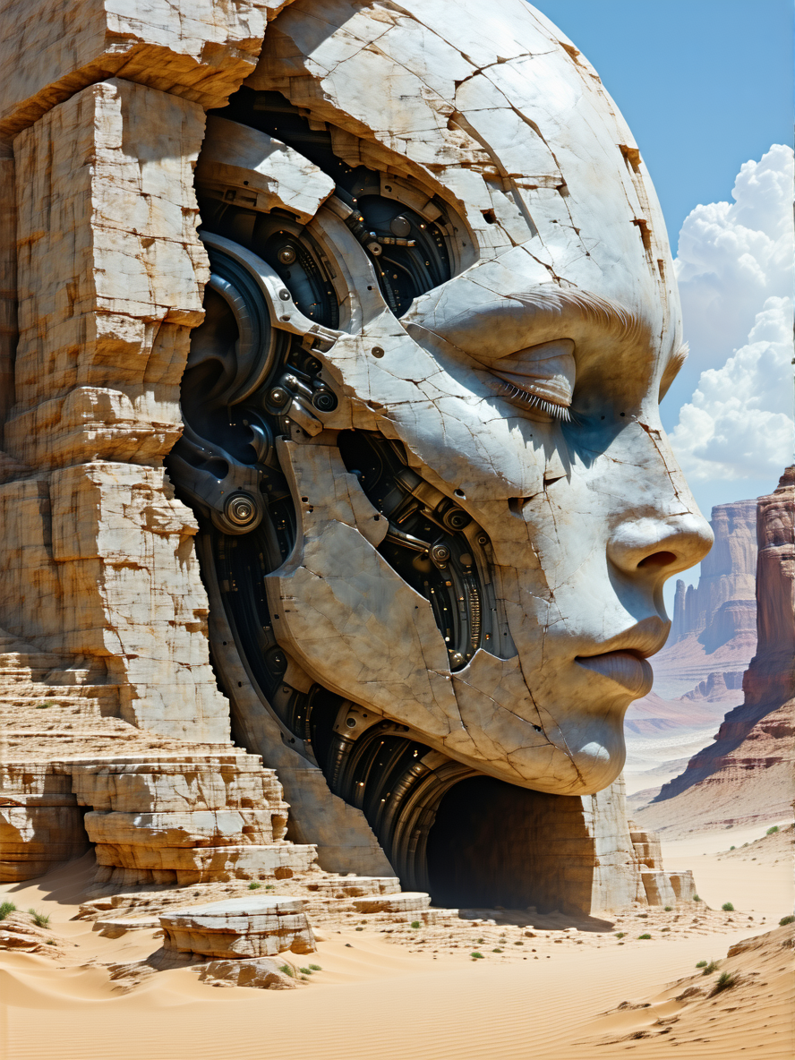 Stable Diffusion prompt: A large humanoid face with detailed and complex features etched into highly text...