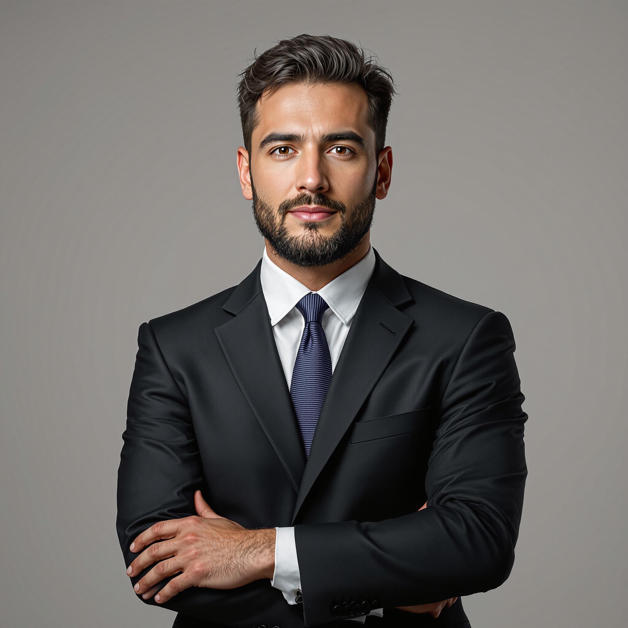 FLUX prompt: Professional LinkedIn photo, man in a dark suit, neutral background, photorealis...