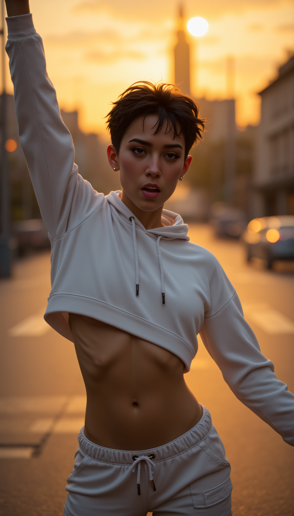 FLUX prompt: Photo of a Slim mid-twenties woman with jet black short spiky hair, athletic bui...