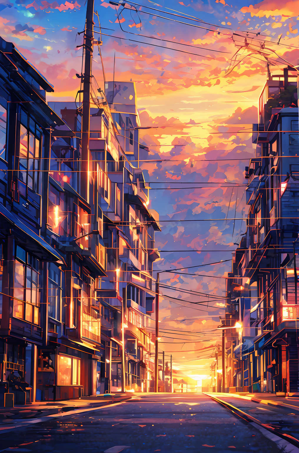 MeinaPastel prompt: masterpiece, concept art, a painting of (electric poles:1.5) in a city street at...