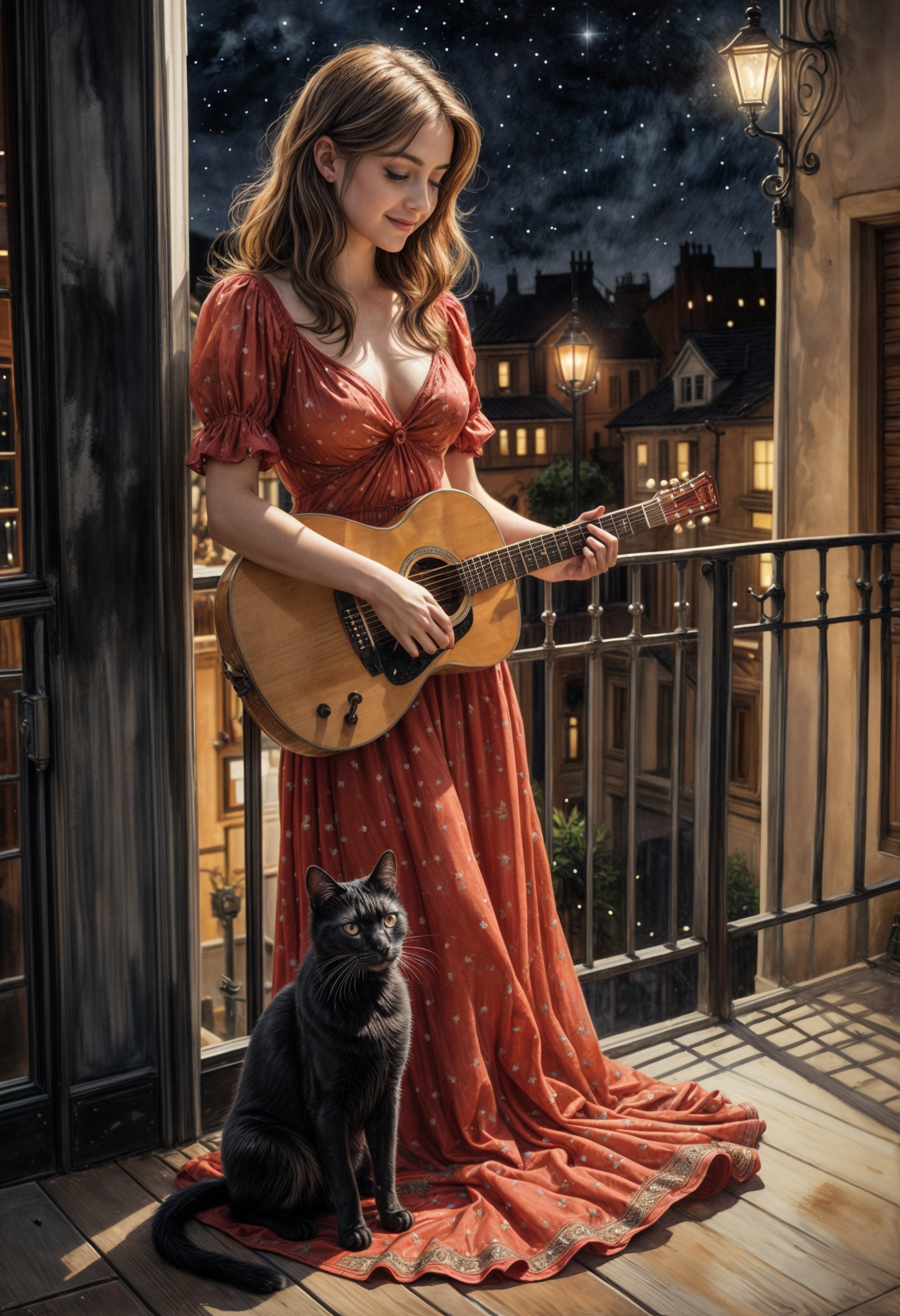 Stable Diffusion prompt: Black cat on the balcony, Guitar playing in the night. Two big eyes in the stars...
