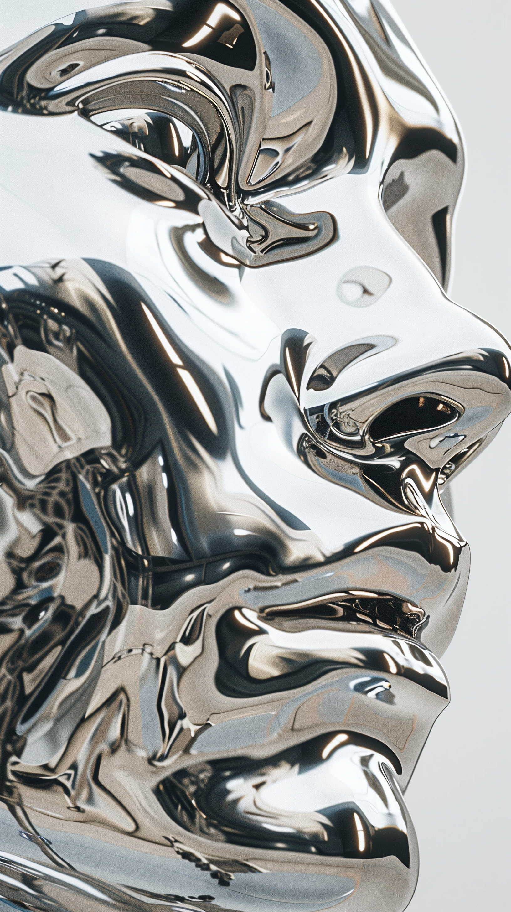 Midjourney prompt: highly reflective, polished metal humanoid face, distorted and twisted into abst...