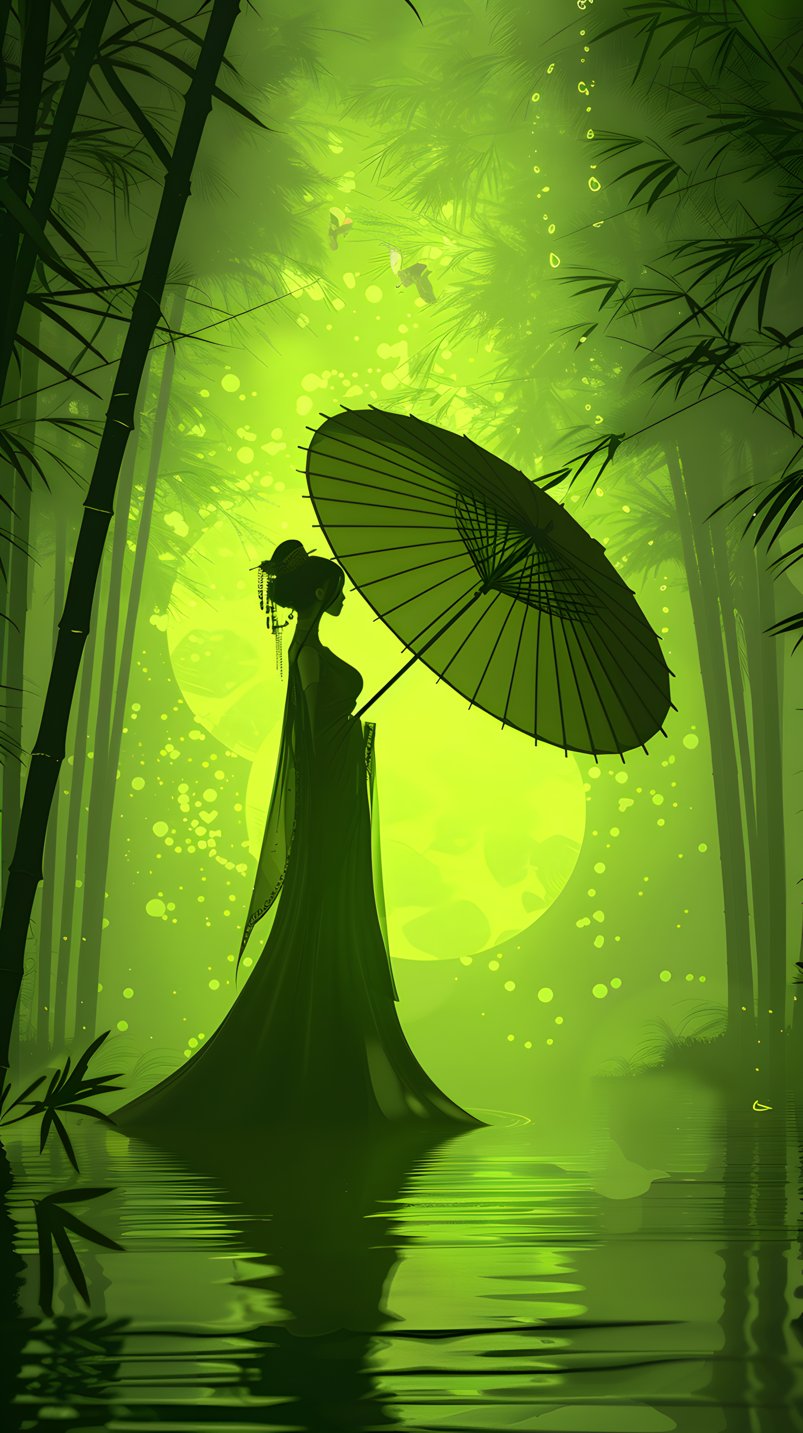 Stable Diffusion prompt: New Chinese minimalist illustration, Chinese style, glowing, fluorescent green, ...