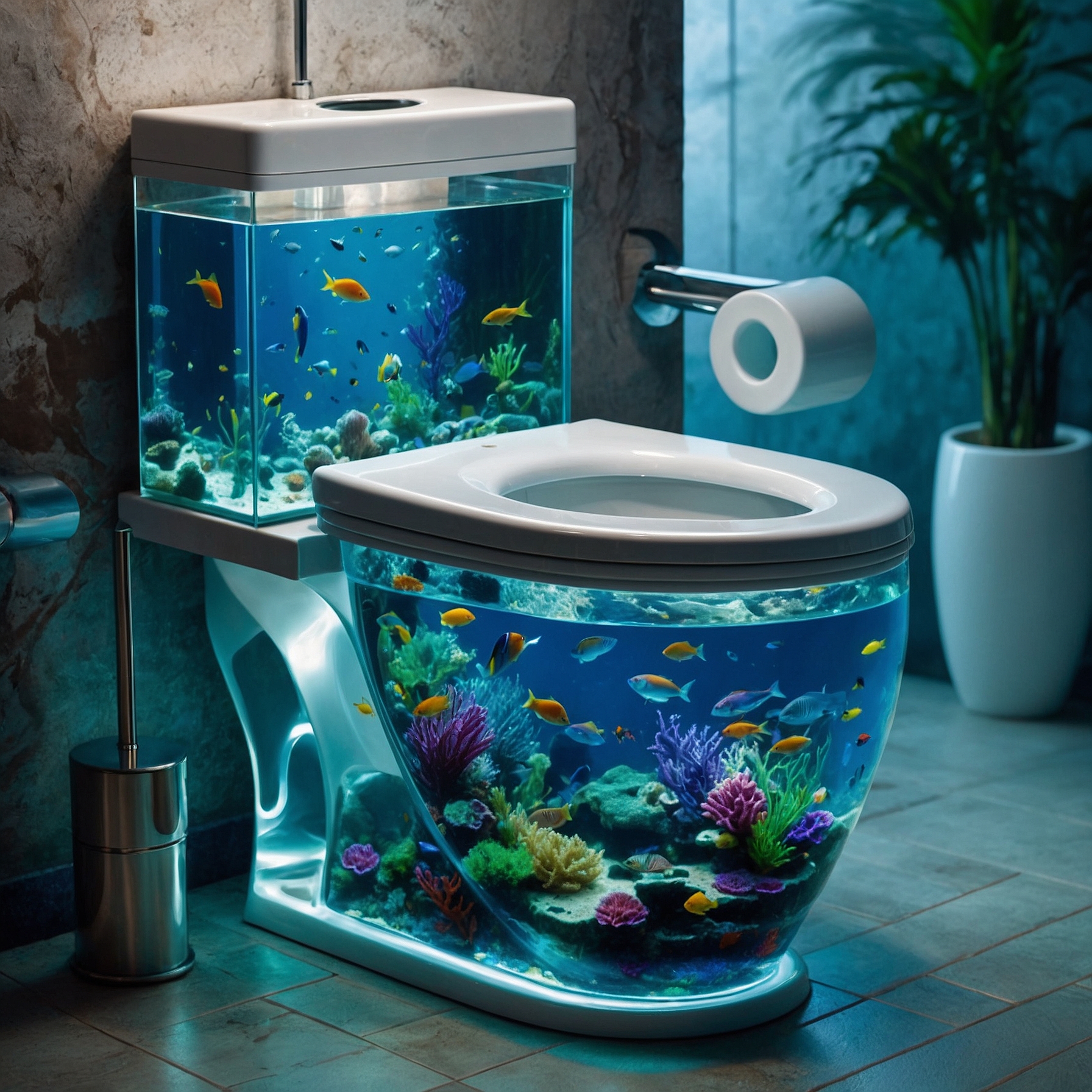 SD XL prompt: A stunningly intricate latrine, brimming with an aquarium with vibrant sea life....
