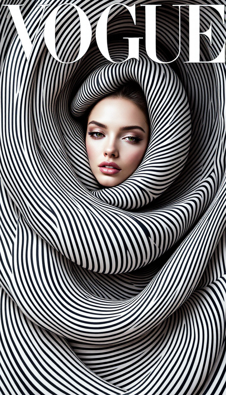 FLUX prompt: VOGUE magazine cover featuring a mesmerizing woman wrapped in a swirling vortex ...