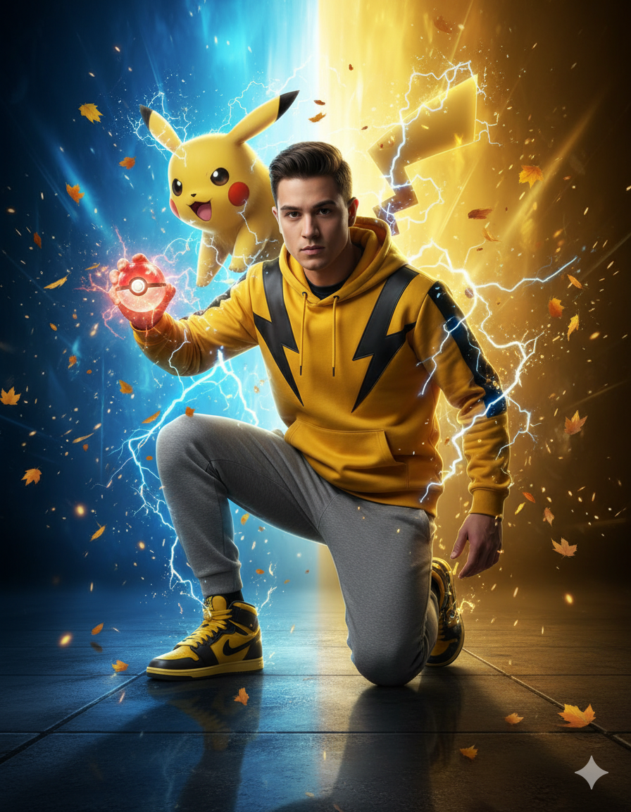 ChatGPT Image prompt: A highly detailed fantasy poster of a young man posing heroically with Pikachu f...