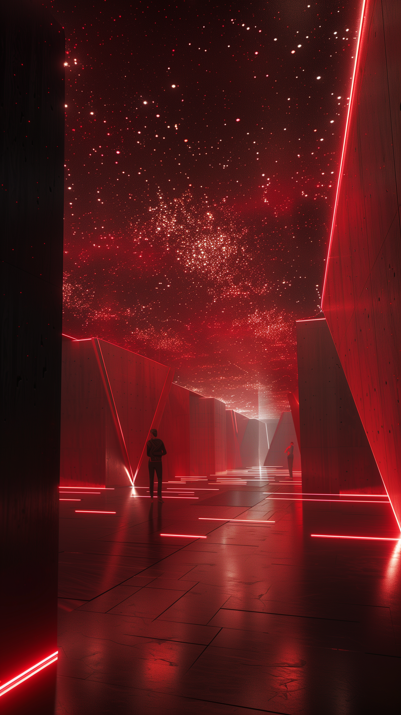 Midjourney prompt: photorealism, interior design of a futuristic building with expansive, glowing r...