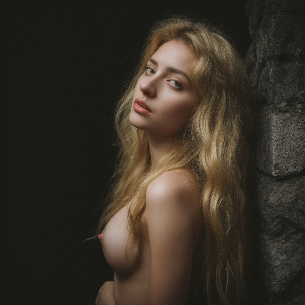 epiCPhotoGasm prompt: Her back to the camera, standing infront an old overgrown stone wall , full body...