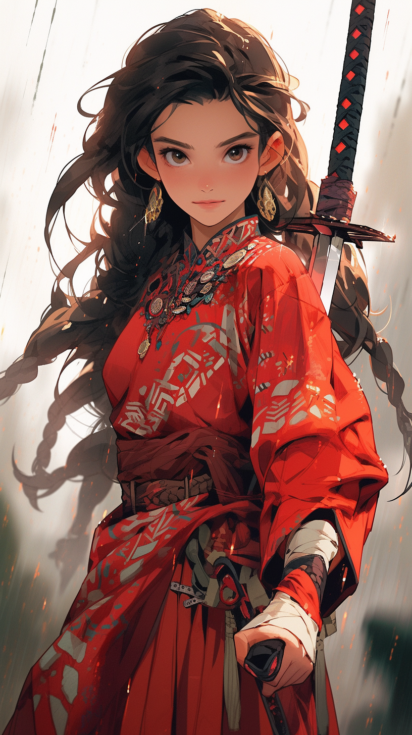 Midjourney prompt: A picture of a fearless warrior holding a sword, Disney Mulan reference, fierce ...