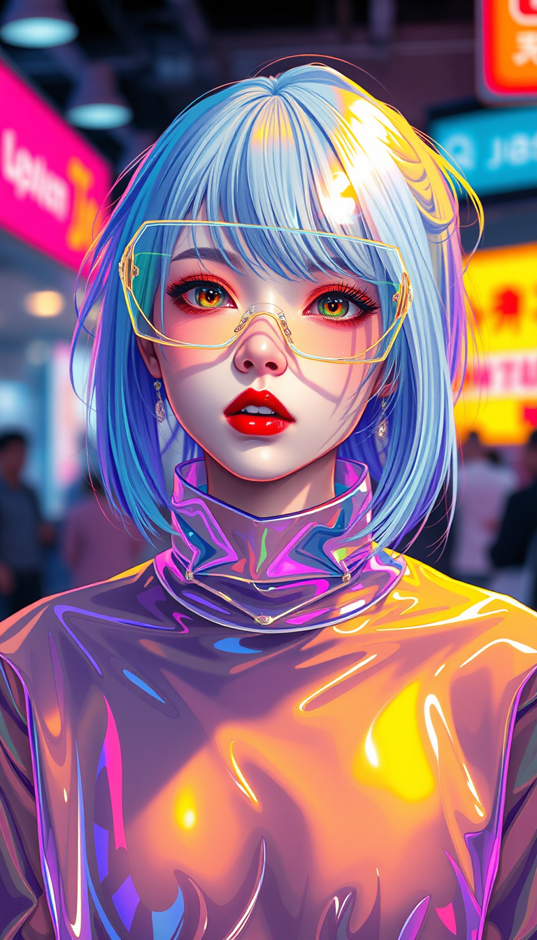 FLUX prompt: transparent color PVC clothing, transparent color vinyl clothing, prismatic, hol...
