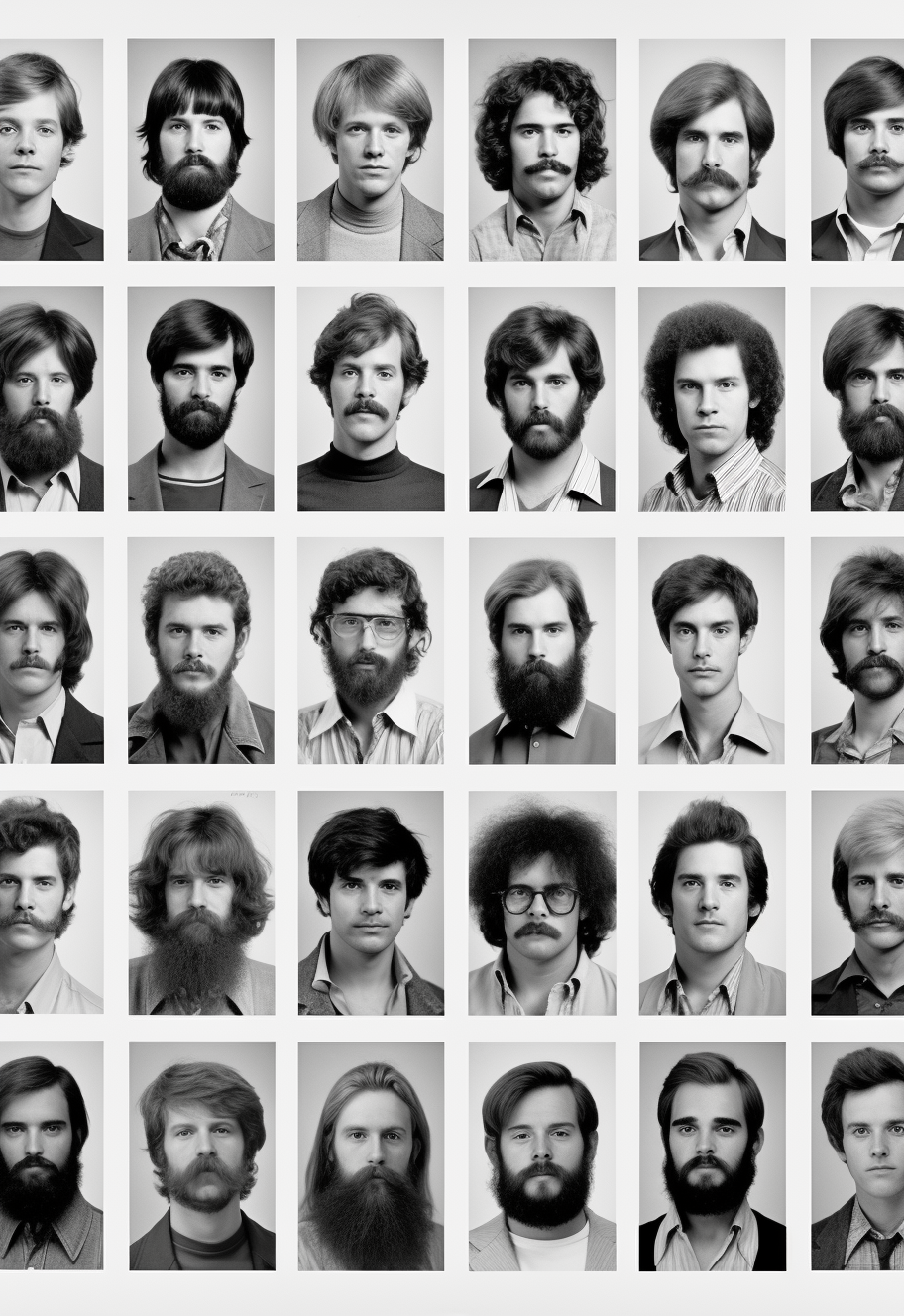 Midjourney prompt: A grid of mens hairstyles from the 1970s, from long and voluminous to short with...